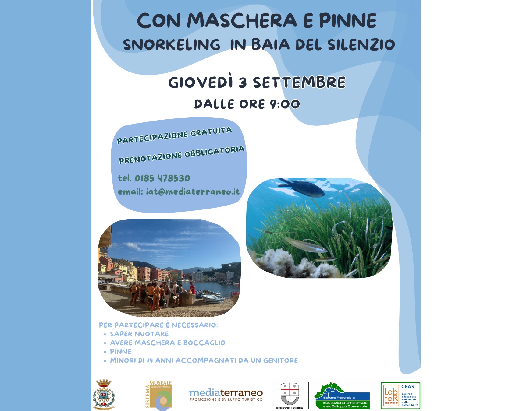Alla scoperta della Posidonia nella Baia del Silenzio: torna l’attività di educazione ambientale del LabTer Tigullio Giovedì 3 settembre un’immersione guidata con maschera e boccaglio per conoscere da vicino uno degli habitat più preziosi del Mediterraneo