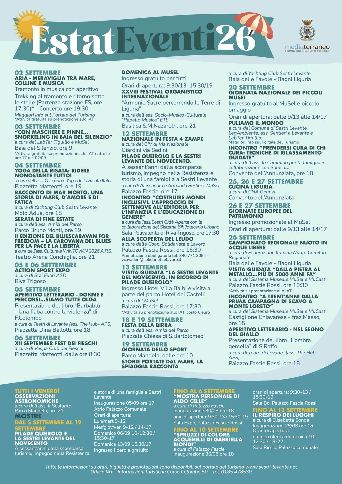 Sestri Levante saluta l’arrivo settembre senza spegnere i motori. Il calendario di eventi del Comune conferma una città che, mentre l'estate balneare volge al termine, continua a vivere di appuntamenti diffusi tra centro, Baia del Silenzio, Riva Trigoso e Parco Mandela