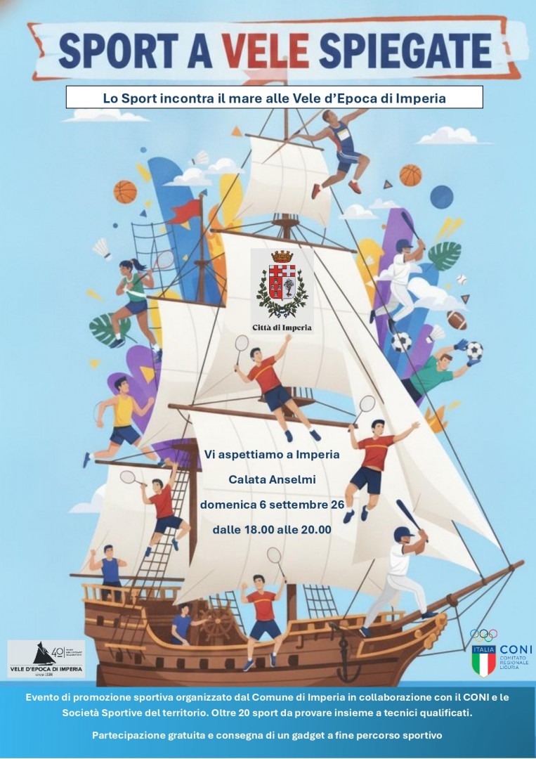 In occasione del raduno delle Vele d’Epoca, il waterfront di Calata Anselmi si prepara ad accogliere la prima edizione di “Sport a Vele Spiegate - Lo Sport incontra il Mare”. L'appuntamento è fissato per domenica 6 settembre 2026, dalle ore 18:00 alle 20:00, per una manifestazione promossa dal Comune in stretta collaborazione con il CONI e con le realtà sportive del territorio.