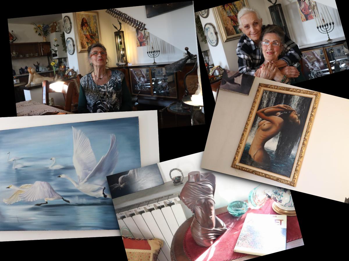 Angela mi accoglie e mi presenta la sua carissima amica Marina Scorta, due signore piacevoli ed eleganti nei modi, che sembrano di altri tempi, dove la gentilezza ed il portamento erano comuni. La casa una piccola Galleria d’arte, dove si posso ammirare Quadri, Foto, sculture, tutto è posizionato anche in giardino con metodo e buon gusto. Angela mi racconta come è arrivata a Lerma e tien ea precisare che la sua Amica Marina è stata fondamentale ed lo è ancora ad continuare la sua passione. Senza tralasciare che il suo Maestro prof. Carlo Levi. Angela si è subito integrata a Lerma e ha donato a Comune la Giara dell'800 e la grande foglia di sassi che esposte in piazza.