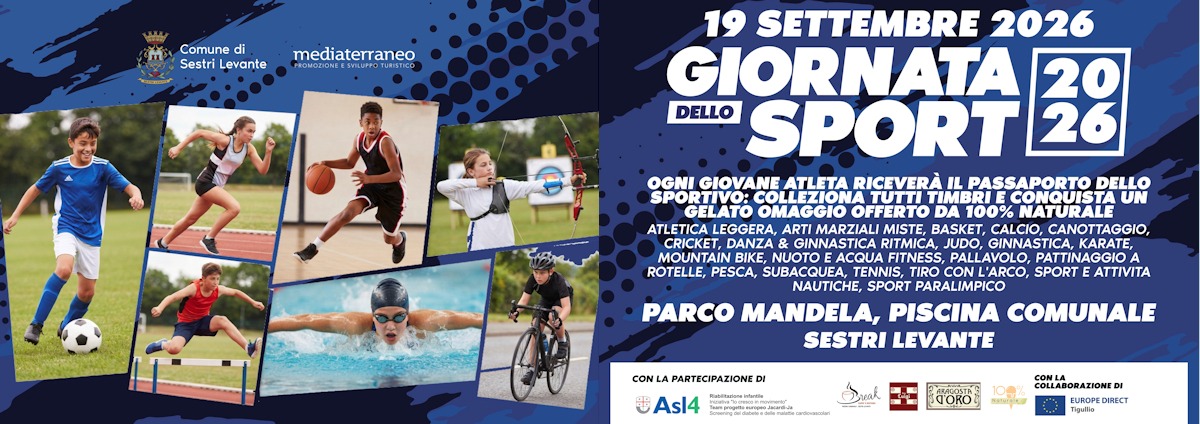 Sabato 19 settembre, dalle 10 alle 18, il Parco Mandela di Sestri Levante torna a trasformarsi in una palestra a cielo aperto per la Giornata dello Sport, organizzata dal Comune con società sportive, pubbliche assistenze e Asl4.