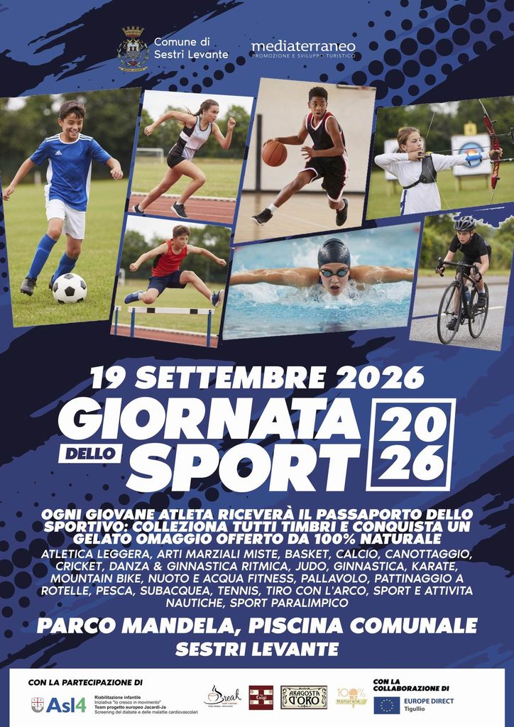 Sabato 19 settembre, dalle 10 alle 18, il Parco Mandela di Sestri Levante torna a trasformarsi in una palestra a cielo aperto per la Giornata dello Sport, organizzata dal Comune con società sportive, pubbliche assistenze e Asl4.