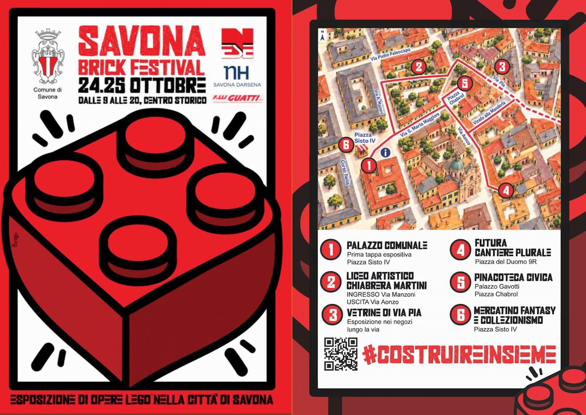 Savona, 20 ottobre 2026. Immagina di camminare per il centro storico e trovare, a ogni angolo, un mondo costruito mattoncino dopo mattoncino. È l’idea del Savona Brick Festival, che sabato 24 e domenica 25 ottobre 2026 torna con la terza edizione e trasforma la città in un museo diffuso. Il festival è promosso e sostenuto dal Comune di Savona, organizzato da Marco Munì di #CostruireInsieme con ESE – Scuola Edile. Nasce per unire la passione per i mattoncini LEGO® alla scoperta del patrimonio cittadino, portando famiglie, ppassionati e visitatori a vivere il centro storico attraverso un itinerario di esposizioni, giochi e incontri con i costruttori. Il percorso tocca il Palazzo Comunale, Via Manzoni, l’Aula Magna del Liceo Chiabrera-Martini e il cortile che il Liceo vive in condivisione con il Liceo Della Rovere e l’Istituto Boselli, Alberti, Mazzini Da Vinci, Via Pia, Futura – Cantiere Plurale e la Pinacoteca Civica, con Piazza Sisto IV come cuore dell’accoglienza, punto di partenza e di arrivo del tour.
